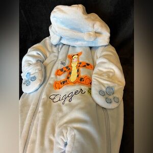 Winnie the Pooh size 3 months baby snowsuit blue with Tigger imprint.